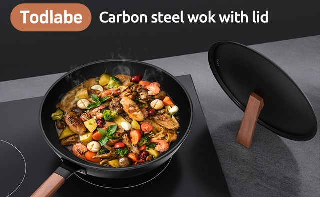 Todlabe Nonstick Wok, 13-Inch Carbon Steel Wok Pan with Lid & Spatula